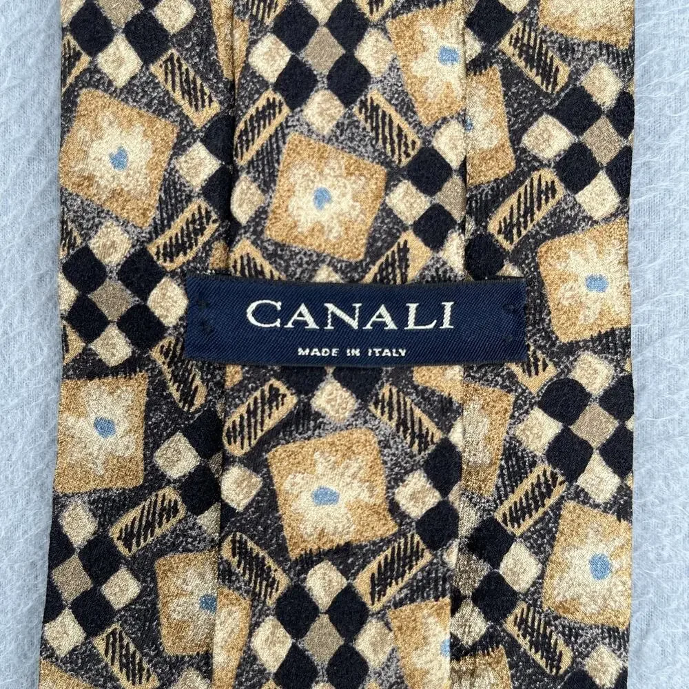 Vintage Canali Necktie Silk Beige Black Geometric Made In Italy